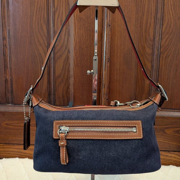 VINTAGE Coach Denim Shoulder Bag with Red Stripes And Brown Accents - Picture 3 of 11